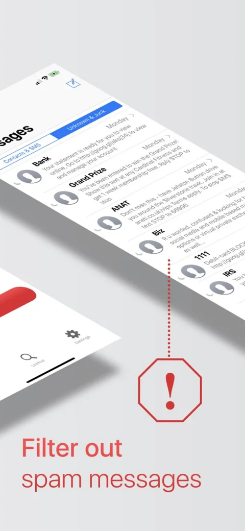 Roblock App Store image illustrating unwanted SMS messages separated into a filtered list